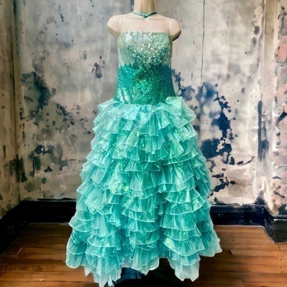 Ombré Sequined Corset Bodice Ball Gown Organza Dress With Cascading Ruffles  XS - Picture 1 of 16